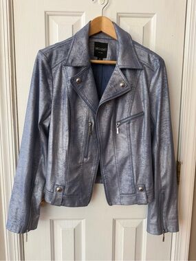 Insight New York Metallic Blue Faux Suede Moto Biker Jacket Size 12